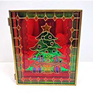 Vintage Faux Stained Glass Trinket Candy Box Mirror Inside Hinged Lid Christmas